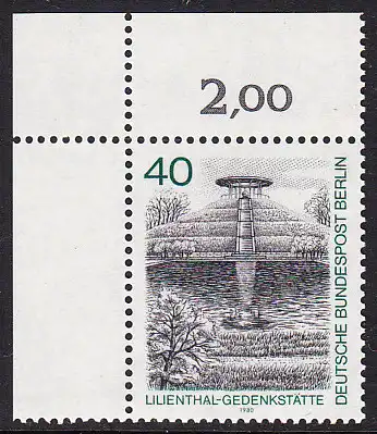 BERLIN 1980 Michel-Nummer 634 postfrisch EINZELMARKE ECKRAND oben links - Berlin-Ansichten: Lilienthal-Gedenkstätte, Berlin-Lichterfelde