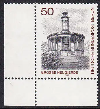 BERLIN 1980 Michel-Nummer 635 postfrisch EINZELMARKE ECKRAND unten links - Berlin-Ansichten: Große Neugierde, Schloßpark Klein-Glienicke