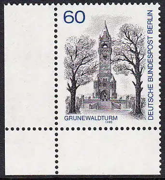 BERLIN 1980 Michel-Nummer 636 postfrisch EINZELMARKE ECKRAND unten links - Berlin-Ansichten: Grunewaldturm