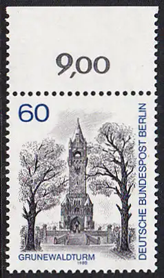 BERLIN 1980 Michel-Nummer 636 postfrisch EINZELMARKE RAND oben - Berlin-Ansichten: Grunewaldturm
