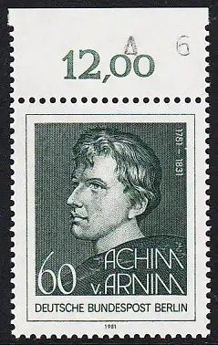 BERLIN 1981 Michel-Nummer 637 postfrisch EINZELMARKE RAND oben (c) - Achim von Arnim, Dichter