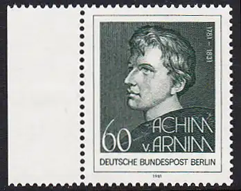 BERLIN 1981 Michel-Nummer 637 postfrisch EINZELMARKE RAND links - Achim von Arnim, Dichter