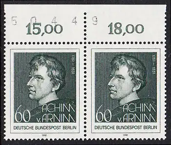 BERLIN 1981 Michel-Nummer 637 postfrisch horiz.PAAR RAND oben (BZ) - Achim von Arnim, Dichter