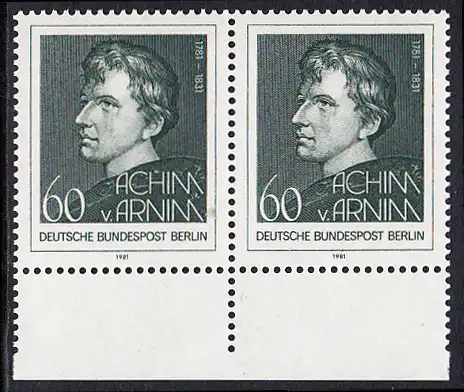 BERLIN 1981 Michel-Nummer 637 postfrisch horiz.PAAR RAND unten - Achim von Arnim, Dichter