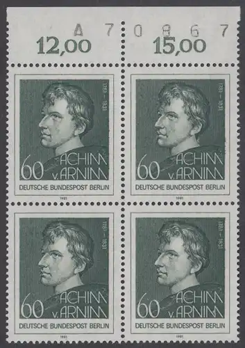 BERLIN 1981 Michel-Nummer 637 postfrisch BLOCK RÄNDER oben - Achim von Arnim, Dichter