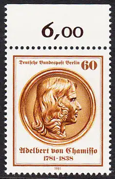 BERLIN 1981 Michel-Nummer 638 postfrisch EINZELMARKE RAND oben (a) - Adelbert von Chamisso. Dichter und Naturforscher