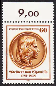 BERLIN 1981 Michel-Nummer 638 postfrisch EINZELMARKE RAND oben (b) - Adelbert von Chamisso. Dichter und Naturforscher