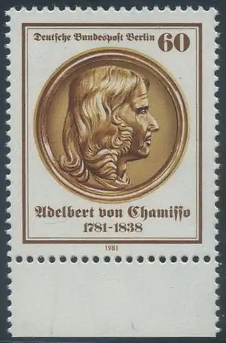 BERLIN 1981 Michel-Nummer 638 postfrisch EINZELMARKE RAND unten - Adelbert von Chamisso. Dichter und Naturforscher