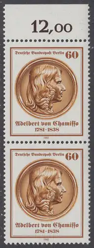 BERLIN 1981 Michel-Nummer 638 postfrisch vert.PAAR RAND oben - Adelbert von Chamisso. Dichter und Naturforscher