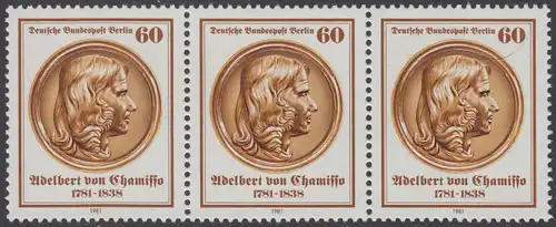 BERLIN 1981 Michel-Nummer 638 postfrisch horiz.STRIP(3) RAND links - Adelbert von Chamisso. Dichter und Naturforscher