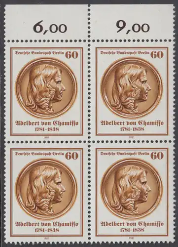 BERLIN 1981 Michel-Nummer 638 postfrisch BLOCK RÄNDER oben - Adelbert von Chamisso. Dichter und Naturforscher