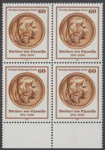 BERLIN 1981 Michel-Nummer 638 postfrisch BLOCK RÄNDER unten - Adelbert von Chamisso. Dichter und Naturforscher