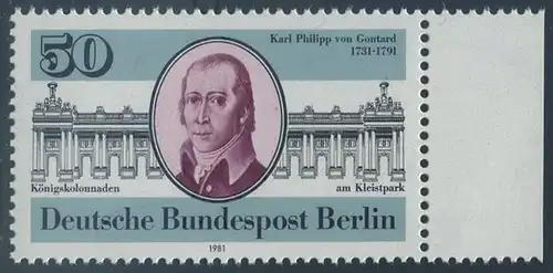 BERLIN 1981 Michel-Nummer 639 postfrisch EINZELMARKE RAND rechts- Karl Philipp von Gontard, Architekt