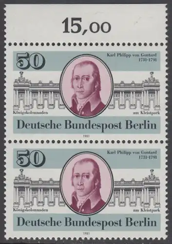 BERLIN 1981 Michel-Nummer 639 postfrisch vert.PAAR RAND oben - Karl Philipp von Gontard, Architekt