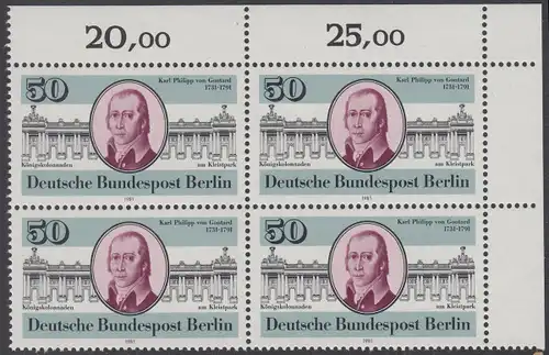 BERLIN 1981 Michel-Nummer 639 postfrisch BLOCK ECKRAND oben rechts - Karl Philipp von Gontard, Architekt