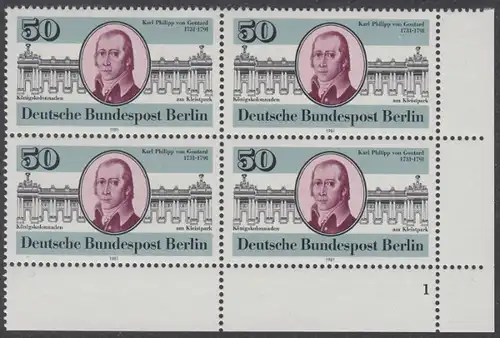BERLIN 1981 Michel-Nummer 639 postfrisch BLOCK ECKRAND unten rechts (FN) - Karl Philipp von Gontard, Architekt