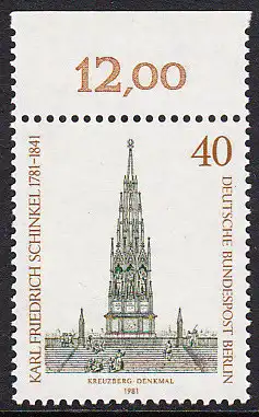 BERLIN 1981 Michel-Nummer 640 postfrisch EINZELMARKE RAND oben (c) - Karl Friedrich Schinkel, Baumeister und Maler