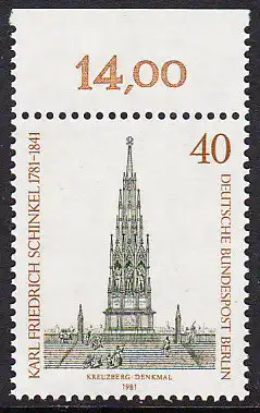 BERLIN 1981 Michel-Nummer 640 postfrisch EINZELMARKE RAND oben (d) - Karl Friedrich Schinkel, Baumeister und Maler