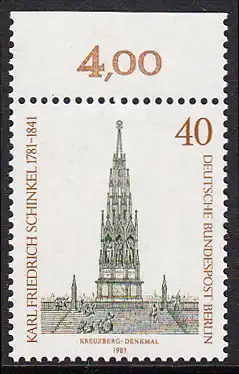 BERLIN 1981 Michel-Nummer 640 postfrisch EINZELMARKE RAND oben (a) - Karl Friedrich Schinkel, Baumeister und Maler