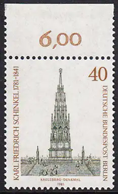 BERLIN 1981 Michel-Nummer 640 postfrisch EINZELMARKE RAND oben (b) - Karl Friedrich Schinkel, Baumeister und Maler