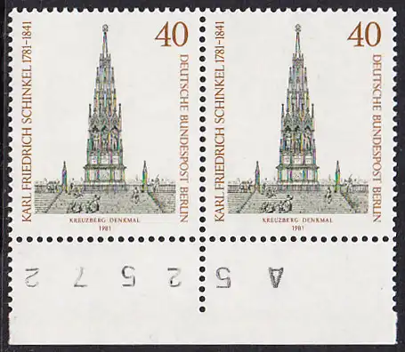 BERLIN 1981 Michel-Nummer 640 postfrisch horiz.PAAR RAND unten - Karl Friedrich Schinkel, Baumeister und Maler