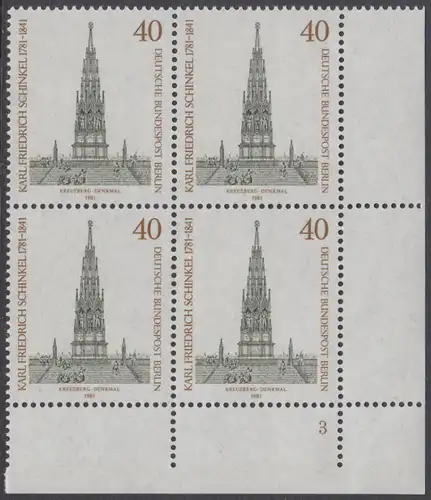 BERLIN 1981 Michel-Nummer 640 postfrisch BLOCK ECKRAND unten rechts (FN) - Karl Friedrich Schinkel, Baumeister und Maler
