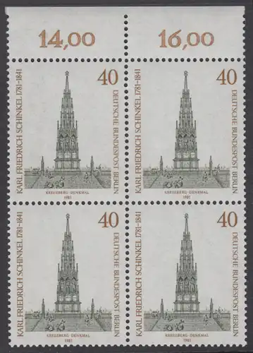 BERLIN 1981 Michel-Nummer 640 postfrisch BLOCK RÄNDER oben (b) - Karl Friedrich Schinkel, Baumeister und Maler