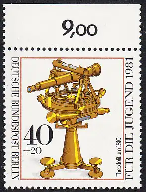BERLIN 1981 Michel-Nummer 641 postfrisch EINZELMARKE RAND oben - Optische Instrumente: Theodolit