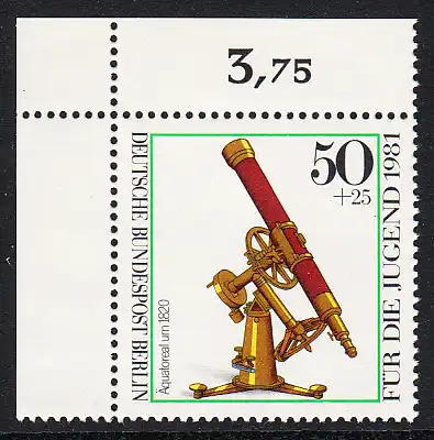 BERLIN 1981 Michel-Nummer 642 postfrisch EINZELMARKE ECKRAND oben links - Optische Instrumente: Äquatoreal