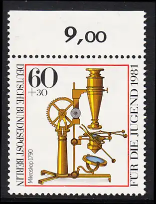 BERLIN 1981 Michel-Nummer 643 postfrisch EINZELMARKE RAND oben (a) - Optische Instrumente: Äquatoreal
