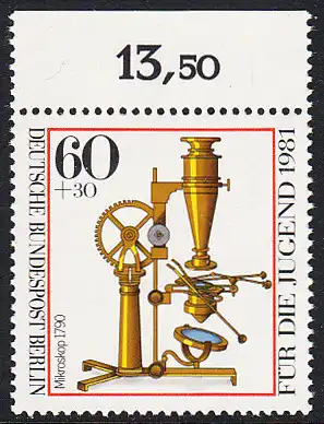 BERLIN 1981 Michel-Nummer 643 postfrisch EINZELMARKE RAND oben (b) - Optische Instrumente: Äquatoreal