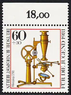 BERLIN 1981 Michel-Nummer 643 postfrisch EINZELMARKE RAND oben (c) - Optische Instrumente: Äquatoreal