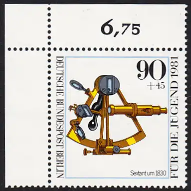 BERLIN 1981 Michel-Nummer 644 postfrisch EINZELMARKE ECKRAND oben links - Optische Instrumente: Äquatoreal