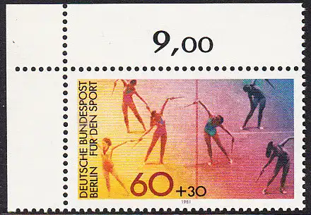 BERLIN 1981 Michel-Nummer 645 postfrisch EINZELMARKE ECKRAND oben links - Sporthilfe: Frauen-Gruppengymnastik