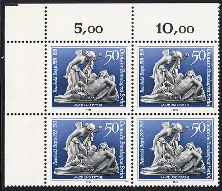 BERLIN 1981 Michel-Nummer 647 postfrisch BLOCK ECKRAND oben links - Reinhold Begas, Bildhauer
