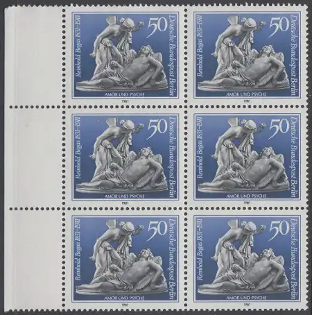 BERLIN 1981 Michel-Nummer 647 postfrisch vert.BLOCK(6) RÄNDER links - Reinhold Begas, Bildhauer