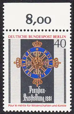 BERLIN 1981 Michel-Nummer 648 postfrisch EINZELMARKE RAND oben (b) - Preußen-Ausstellung, Berlin-Kreuzberg