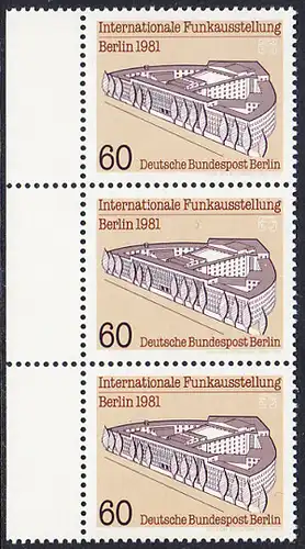 BERLIN 1981 Michel-Nummer 649 postfrisch vert.STRIP(3) RAND links - Internationale Funkausstellung (IFA), Berlin