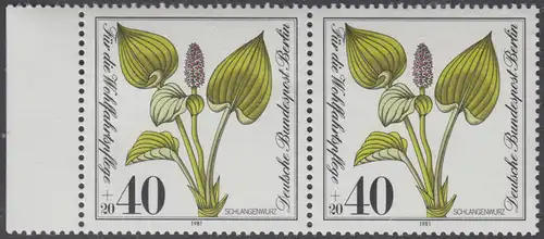 BERLIN 1981 Michel-Nummer 650 postfrisch horiz.PAAR RAND links - Gefährdete Moor-, Sumpfwiesen- und Wasserpflanzen: Schlangenwurz