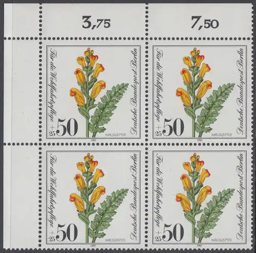 BERLIN 1981 Michel-Nummer 651 postfrisch BLOCK ECKRAND oben links - Gefährdete Moor-, Sumpfwiesen- und Wasserpflanzen: Karlsszepter