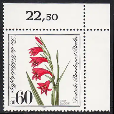 BERLIN 1981 Michel-Nummer 652 postfrisch EINZELMARKE ECKRAND oben rechts - Gefährdete Moor-, Sumpfwiesen- und Wasserpflanzen: Sumpfgladiole