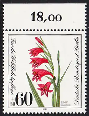 BERLIN 1981 Michel-Nummer 652 postfrisch EINZELMARKE RAND oben (b) - Gefährdete Moor-, Sumpfwiesen- und Wasserpflanzen: Sumpfgladiole