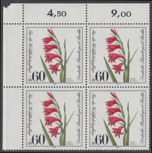 BERLIN 1981 Michel-Nummer 652 postfrisch BLOCK ECKRAND oben links - Gefährdete Moor-, Sumpfwiesen- und Wasserpflanzen: Sumpfgladiole