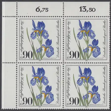 BERLIN 1981 Michel-Nummer 653 postfrisch BLOCK ECKRAND oben links - Gefährdete Moor-, Sumpfwiesen- und Wasserpflanzen: Sibirische Schwertlilie