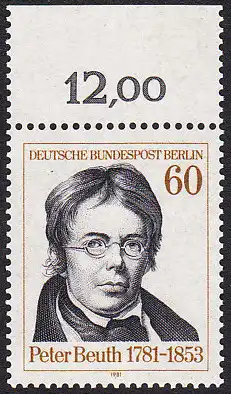 BERLIN 1981 Michel-Nummer 654 postfrisch EINZELMARKE RAND oben (a) - Peter Christian Wilhelm Beuth, Verwaltungsfachmann