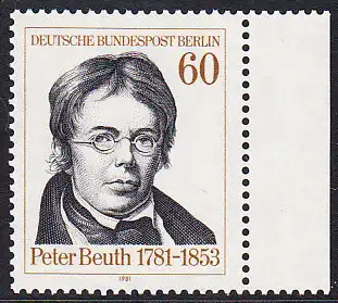BERLIN 1981 Michel-Nummer 654 postfrisch EINZELMARKE RAND rechts - Peter Christian Wilhelm Beuth, Verwaltungsfachmann