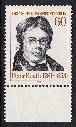BERLIN 1981 Michel-Nummer 654 postfrisch EINZELMARKE RAND unten - Peter Christian Wilhelm Beuth, Verwaltungsfachmann