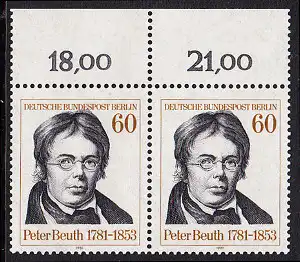 BERLIN 1981 Michel-Nummer 654 postfrisch horiz.PAAR RAND oben - Peter Christian Wilhelm Beuth, Verwaltungsfachmann