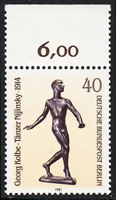 BERLIN 1981 Michel-Nummer 655 postfrisch EINZELMARKE RAND oben (a) - Skulpturen des 20. Jahrhunderts: Tänzer Nijinski