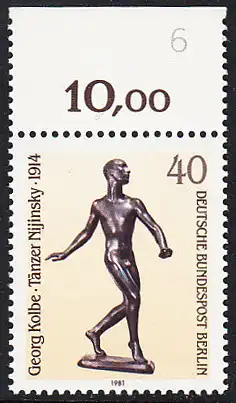 BERLIN 1981 Michel-Nummer 655 postfrisch EINZELMARKE RAND oben (b) - Skulpturen des 20. Jahrhunderts: Tänzer Nijinski